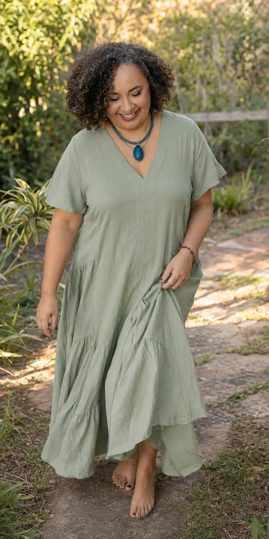 Kelly Metzker caminhando descalça por um jardim, com um vestido verde claro